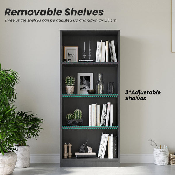 English Elm Bookcase Freestanding 4-Shelf Wood Bookshelf with Adjustable Shelves Sturdy Multipurpose Storage Unit for Home Office and Display (60x17x7) Grey T3623P408802
