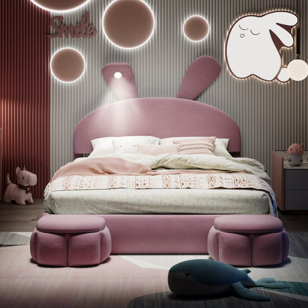 English Elm Full Full Size Upholstered Platform Bed with Cute Cartoon Ear Headboard, LED Light, Pink Velvet Cozy Retreat N709P195300H