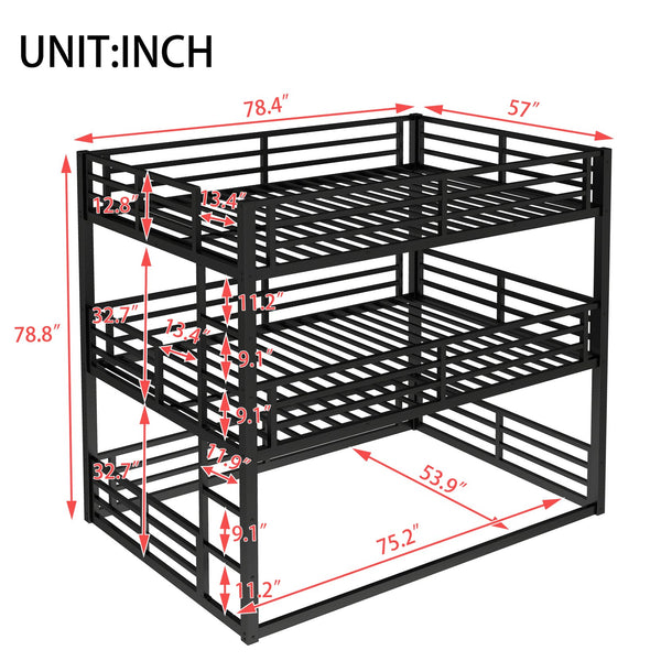 English Elm Full Triple Bunk Bed - Heavy-Duty Metal Frame With Safety Guardrails, Space-Saving Design, Black W1580S00144