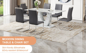 English Elm Table Modern Elegant Dining Set - 71" Marble Pattern Top With 6 Dark Gray Pu Chairs & Silver Legs W1151S02118-GIGA