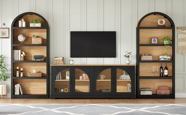 English Elm 3-piece Farmhouse Entertainment Center with Arched Glass Doors and Open Tower Shelving Black N721S000070B