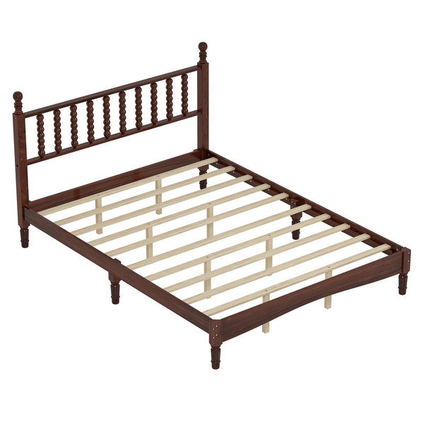 English Elm Queen Wood Platform Bed with Gourd-Shaped Headboard, Retro-Inspired Solid Frame, Slat Support, Sturdy Elegance Walnut 64.8 L x 17.5 W x 9.5 H N733P206242D