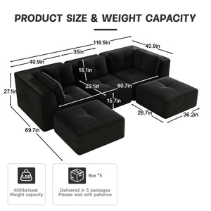 English Elm Modern Corduroy U-shaped Sectional with Tufted Cushions Deep Seat and Movable Ottomans Black W714S01791