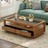 English Elm Modern Wood Coffee Table With 2 Drawers ,Minimalist Display Coffee Table With Transparent Tempered Glass, Open Storage Shelf For Living Room