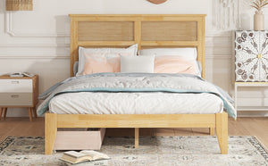 English Elm Full Full Size Bed with Rattan Headboard and Two Underbed Storage Drawers, Rubberwood Slat Support White Oak W504P269606