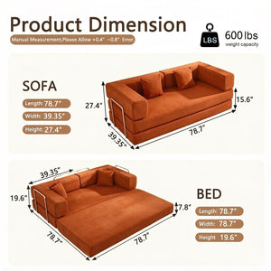 English Elm Convertible Corduroy Floor Sofa with Folding Sleeper and Bolster Pillow for Apartments Orange W5638P460470