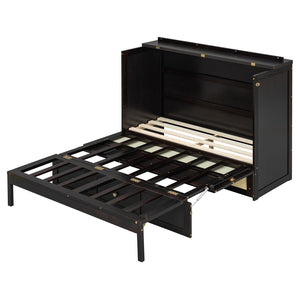 English Elm Full Size Murphy Wall Bed Cabinet with Rattan Panel Detailing and Storage Drawers Espresso N708P336203P
