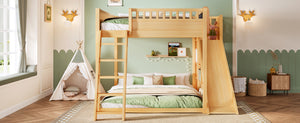 English Elm Queen Loft Bed with Upholstered Headboard Built-in Slide and Open Storage Shelves Natural W1580S00308