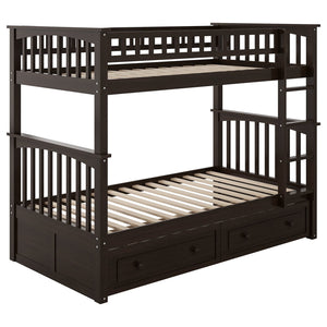 English Elm Twin Over Solid Pine Bunk Bed with Rolling Drawers and Convertible Platform GX000240AAP