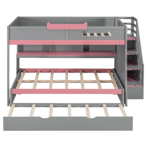 English Elm House-shaped Pine Bunk Bed with Built-in Slide Storage Staircase Twin Over Full Kids Frame Gray N820S00067E