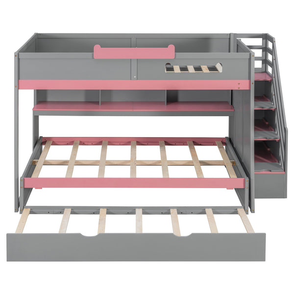 English Elm House-shaped Pine Bunk Bed with Built-in Slide Storage Staircase Twin Over Full Kids Frame Gray N820S00067E