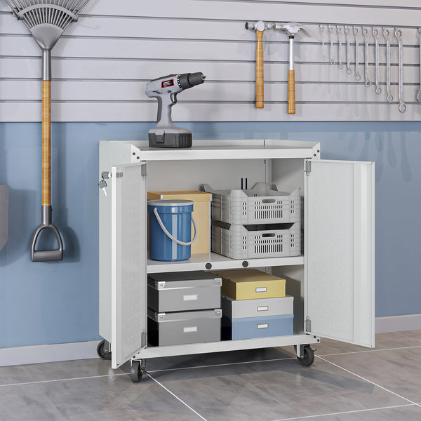English Elm Rolling Metal Garage Cabinet with Locking Doors Diamond Texture Industrial Storage White B365P398224