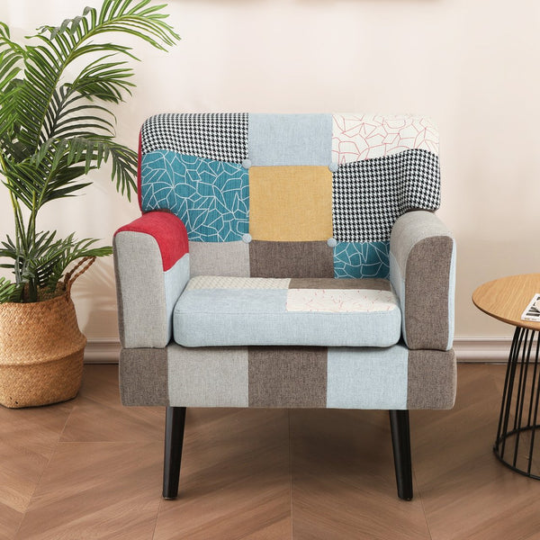 English Elm Patchwork Mid Century Modern Accent Chair - Colorful Linen Club Sofa, Solid Wood Frame, 250 lb Capacity W561P190124