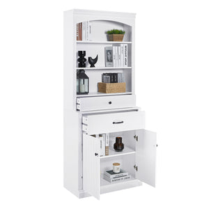 English Elm White Bathroom Storage Cabinet with Zinc Knob Doors, 4 Drawers, 6 Open Shelves & Adjustable Tiers for Organized Space (63"x10.8"x78.7") N725S252486K