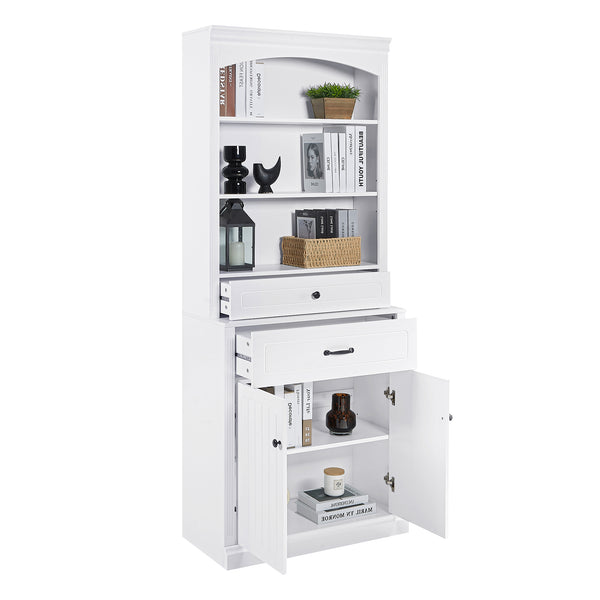 English Elm White Bathroom Storage Cabinet with Zinc Knob Doors, 4 Drawers, 6 Open Shelves & Adjustable Tiers for Organized Space (63"x10.8"x78.7") N725S252486K