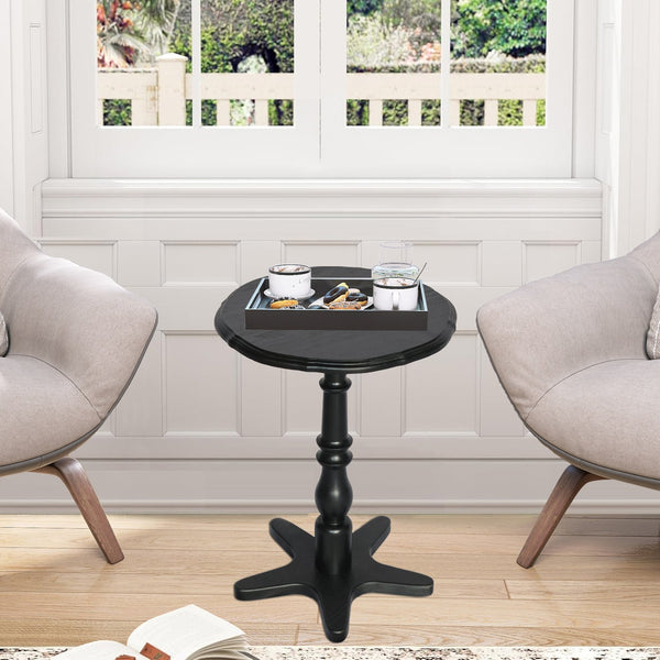 English Elm 15.75 inch Round Small End Table Vintage Wooden Pedestal Side Table with Rounded Top and Easy Assembly Black W2295P339121