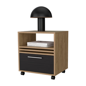 English Elm Saxon Modern Nightstand with Drawer & Open Shelf, Natural Oak Finish, Minimalist Bedroom Storage B128P263722