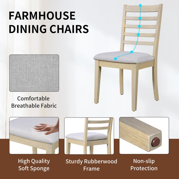 English Elm Farmhouse Ladder Back Dining Chairs Rubberwood Frame Upholstered Seat Set of 2 Natural+Beige N752P272063N