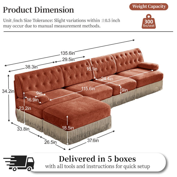 English Elm 135" Chesterfield Velvet Sectional with Tufted Back Tassel Skirt and Modular Living Room Design Red+Brown W714S01726