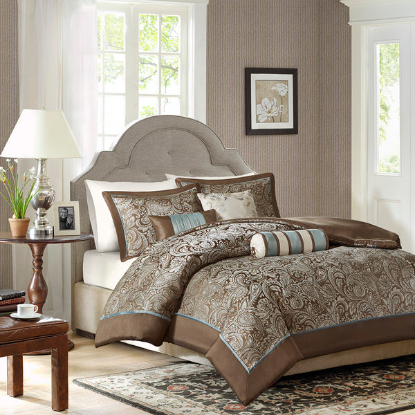 JLA Home Madison Park - 6 Jacquard Paisley Duvet Cover Set in Soft Blue Taupe with Platinum Accents, Reversible Tailored Luxury 90 L x 90 W x 0.13H MP12-276
