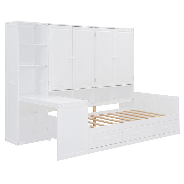 English Elm Twin Size Daybed With Storage Drawers, Desk & Shelves - Stylish Space-Saving Furniture In White N820S00054K-GIGA