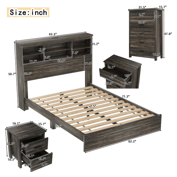 English Elm 4PCS Queen Bedroom Set with Storage Headboard & Built‑In Charging Station, 2 Nightstands, Dresser Antique Gray 54.25 L x 18.75 W x 9.25 H N733S307937A