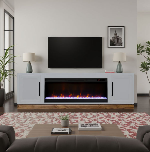 English Elm Nora 81 Inch Fireplace TV Stand with 42" Electric Insert, Two-Tone Alder & Poplar Craftsmanship White B108P345196