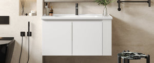 English Elm Christopher Knight Home® - 36" Modern Wall-Mounted Bathroom Vanity with Ceramic Sink, Soft-Close Doors, Fluted Accent & Open Shelves White N817P245322W