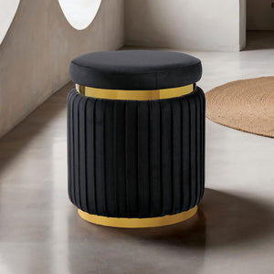 English Elm Black Round Velvet Accent Stool 15"W x 18"H — Pleated Contemporary Ottoman with Gold Trim Base, Plush Elegance B2741P388360
