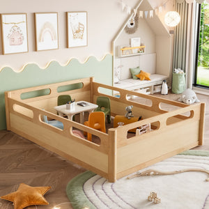 English Elm Twin Low Profile Floor Bed with Guardrails Pine Wood Frame Minimalist Bedroom Natural W1580P438793