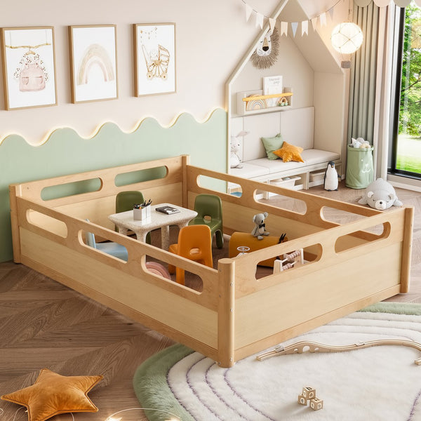 English Elm Twin Low Profile Floor Bed with Guardrails Pine Wood Frame Minimalist Bedroom Natural W1580P438793