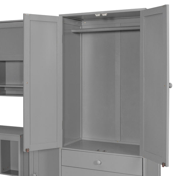 English Elm Wooden Twin Loft Bed with Built-in Desk Wardrobe Storage Drawers and Led Lighting N820S00069E