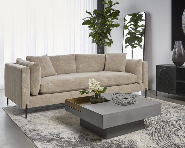 Sunpan Quill Coffee Table with Unique Concrete Top and Antique Brass Tray for Stylish Living Spaces Rectangular - 51W x 27.5D x 13.5H