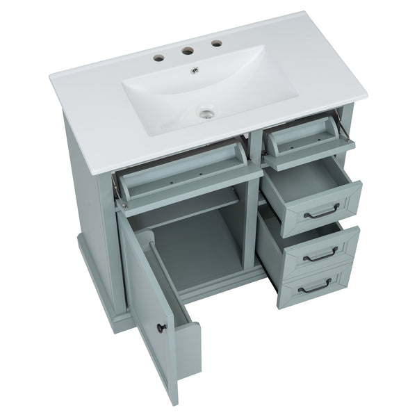 English Elm Christopher Knight Home® - 36" Bathroom Vanity with Ceramic Sink, Soft-Close Doors, 4 Drawers & Ample Storage, Freestanding Grey N759P223021E