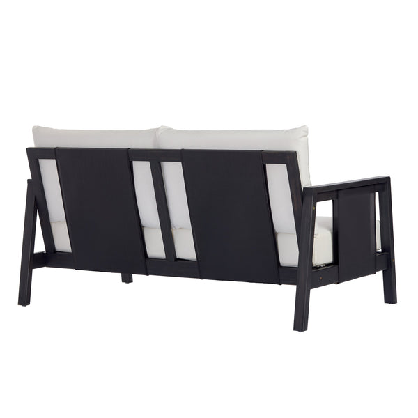 English Elm 2 Piece Outdoor Acacia Wood Loveseat and Coffee Table Set with Textilene Weave Cushions Dark Grey,White+Black N768P368824D