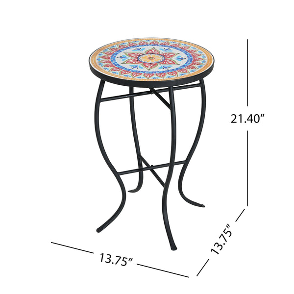 English Elm Outdoor Mosaic Ceramic Tile Round Side Table with Curved Wrought Iron Patio Accent Red+Black N773P365597R