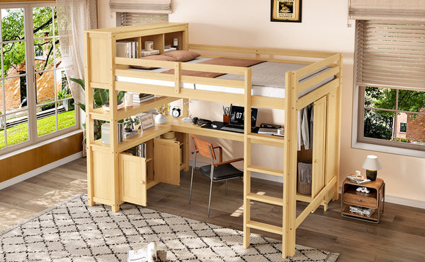 English Elm Full Size Pine Loft Bed House Frame with Slide Bookshelves and Moon Star Rails W1580S00163