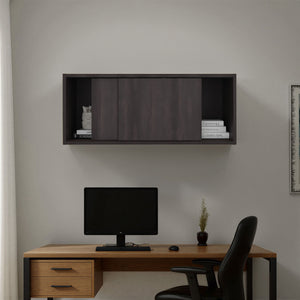 English Elm Note Floating Wall Cabinet Sliding Doors Slim Enclosed Storage for Office or Bedroom Dark Walnut B200P462886