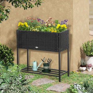 English Elm Outsunny Stylish Raised Garden Bed With Rattan Wicker Look, Tool Shelf & Portable Design For Easy Gardening W2225P200541-GIGA