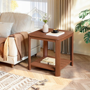 English Elm Rounded Square End Tables Set of 2 Boho Walnut with Wave Legs and Open Shelf W5563P449956
