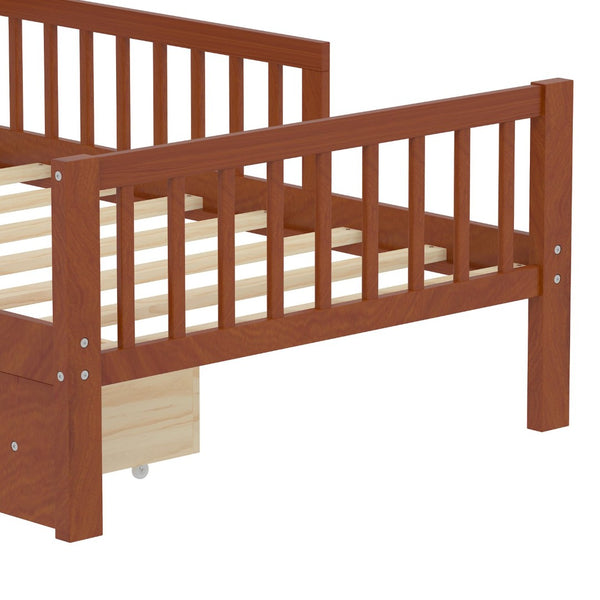 English Elm Twin Bed With Walnut Finish, Headboard Storage, Two Under-Bed Drawers & Safety Guardrails For Kids N733P272374D-GIGA