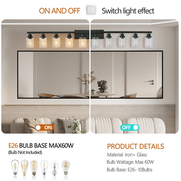 English Elm 10 Light Bathroom Vanity Fixture 65.4in Matte Metal 10-Light Wall Sconce with Clear Glass Shades for Mirror Black W2312P374794