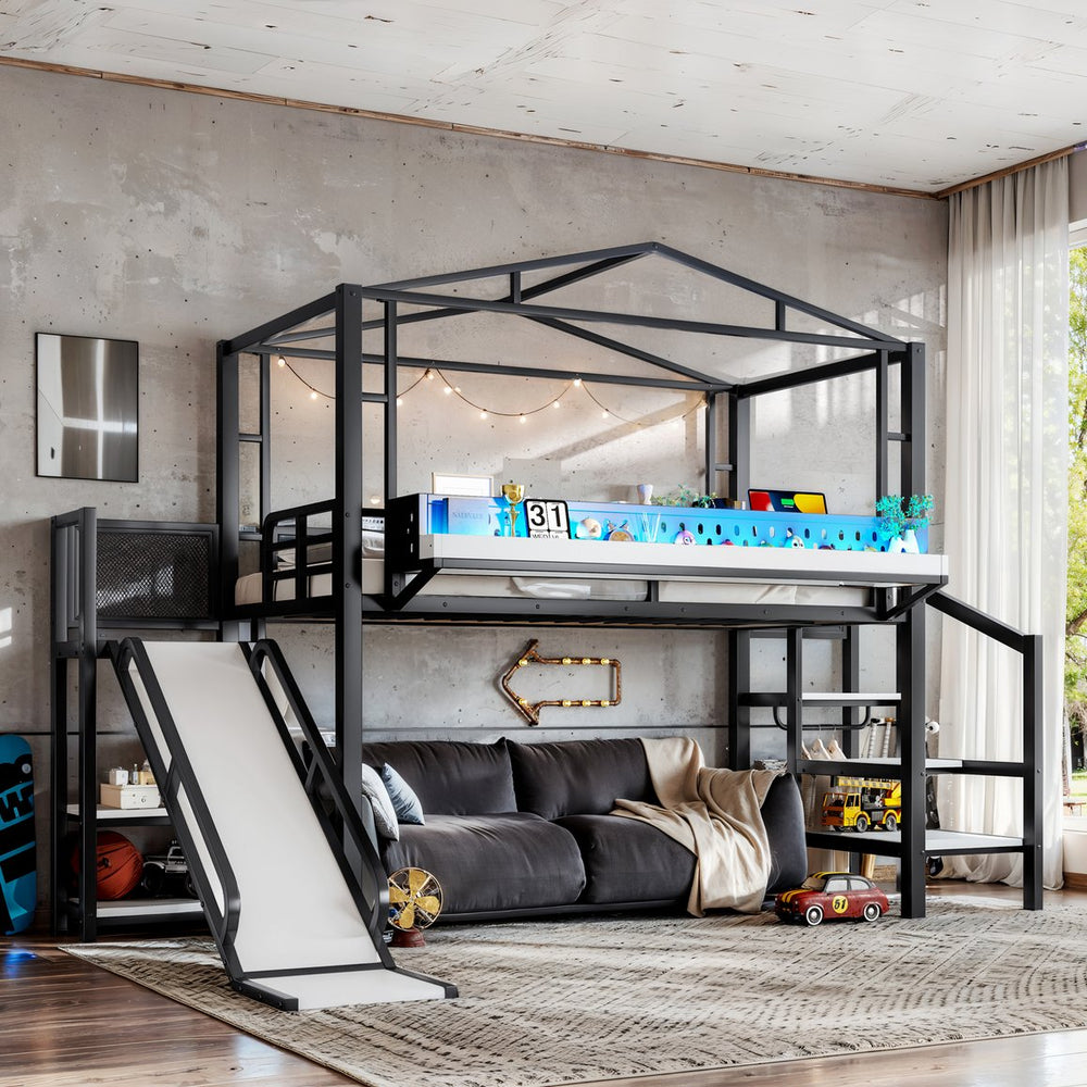 English Elm Twin Metal Loft Bed with Built-in Wardrobe Storage Stairs Led Lights and Usb Ports W5316S00045