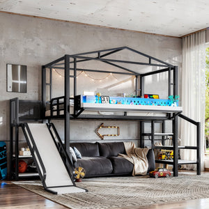 English Elm Twin Metal Loft Bed with Built-in Wardrobe Storage Stairs Led Lights and Usb Ports W5316S00045