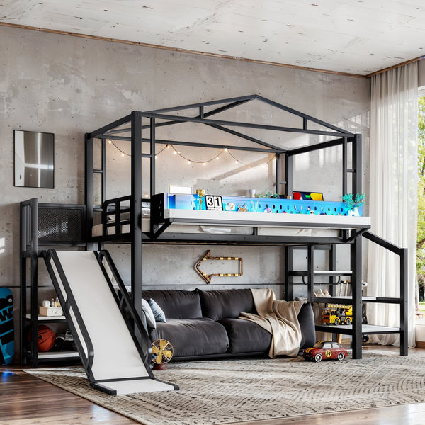 English Elm Twin Metal Loft Bed with Built-in Wardrobe Storage Stairs Led Lights and Usb Ports W5316S00045