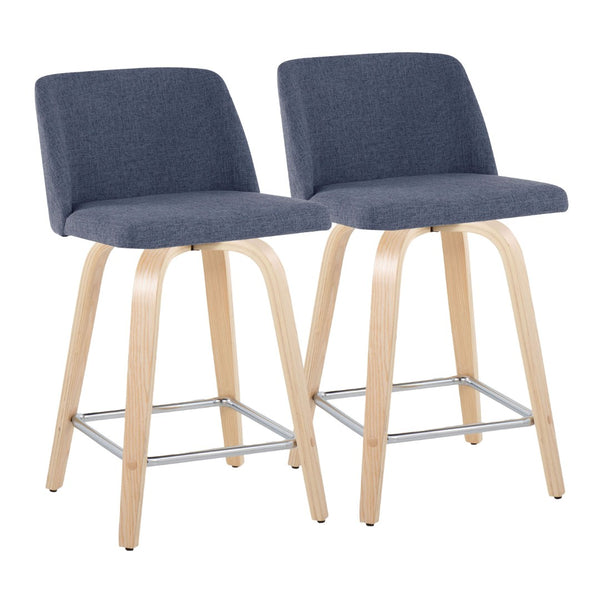 English Elm Toriano 24" Contemporary Swivel Counter Stools - Set Of 2 In Blue Fabric & Natural Wood Finish B202S00105-GIGA
