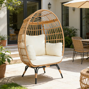 English Elm Wicker Egg Chair Outdoor Pe Rattan Cocoon Lounge with Cushions Steel Frame Patio T5880P492183