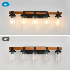 English Elm 5-light Matte Black Wood Accent Vanity Bar with Clear Glass Shades for Bath or Kitchen W5008P388945