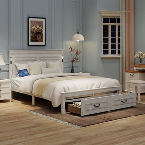 English Elm Queen Farmhouse Pinewood Storage Bed with Led Lighting Usb Charging and Panel Headboard White W504P391013