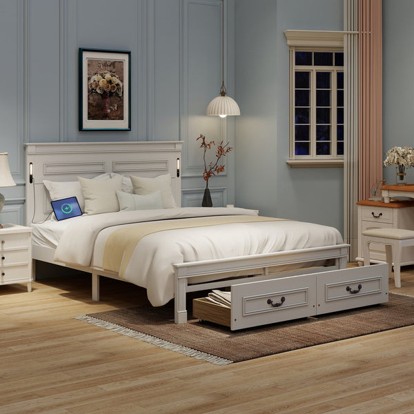 English Elm Queen Farmhouse Pinewood Storage Bed with Led Lighting Usb Charging and Panel Headboard White W504P391013